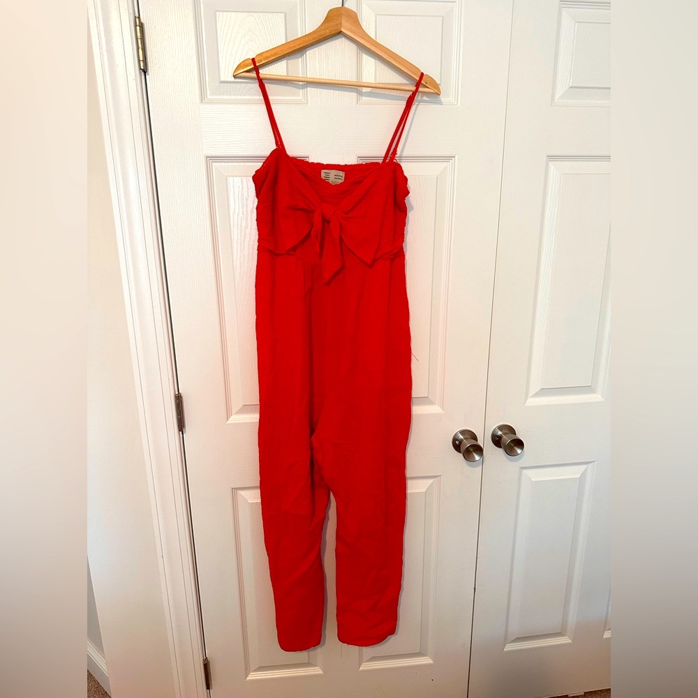 Red Spaghetti-Strap Jumpsuit with Front Tie